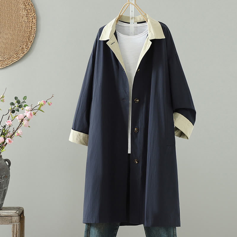 Manteau long en coton pour femme, à manches longues et poches, orné de boutons de revers et d'un patchwork de Buddha Stones - image 12