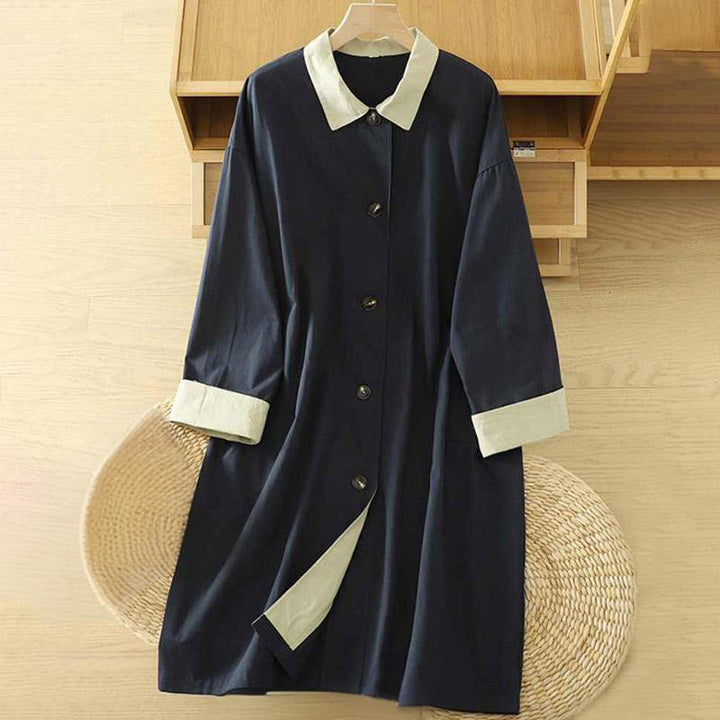 Manteau long en coton pour femme, à manches longues et poches, orné de boutons de revers et d'un patchwork de Buddha Stones - Bleu nuit - US12，UK/AU16，EU44 (XL) - image 11