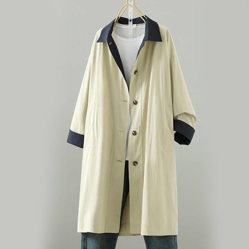 Manteau long en coton pour femme, à manches longues et poches, orné de boutons de revers et d'un patchwork de Buddha Stones - image 0