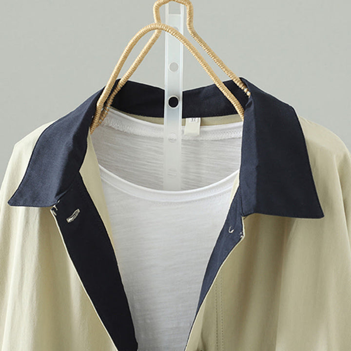 Manteau long en coton pour femme, à manches longues et poches, orné de boutons de revers et d'un patchwork de Buddha Stones - image 3