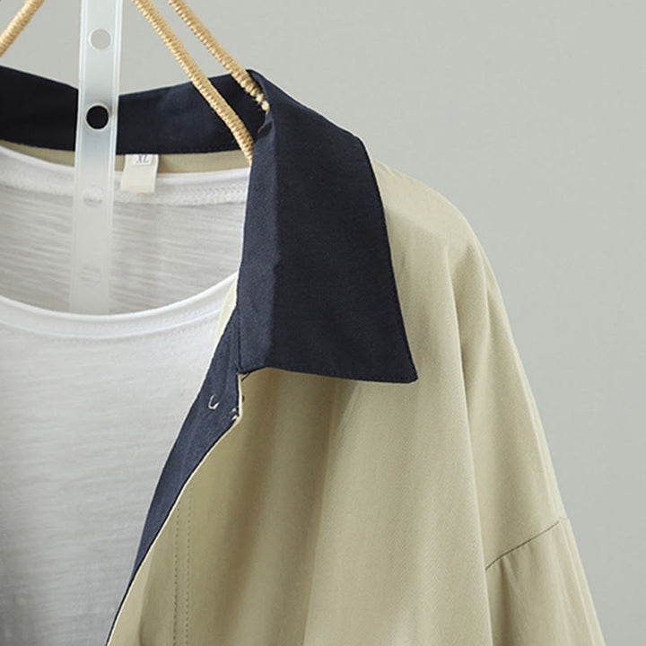 Manteau long en coton pour femme, à manches longues et poches, orné de boutons de revers et d'un patchwork de Buddha Stones - image 5