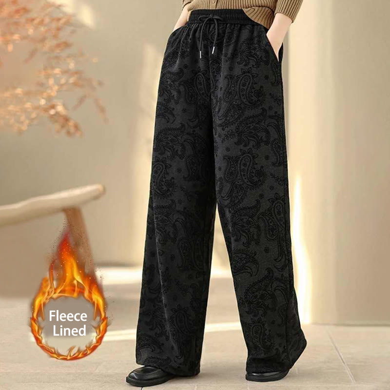 Pantalon large en coton doublé polaire thermique à motif jacquard cachemire et Buddha Stones, avec poches - Noir - US6，UK/AU10，EU38 (XL) - image 5