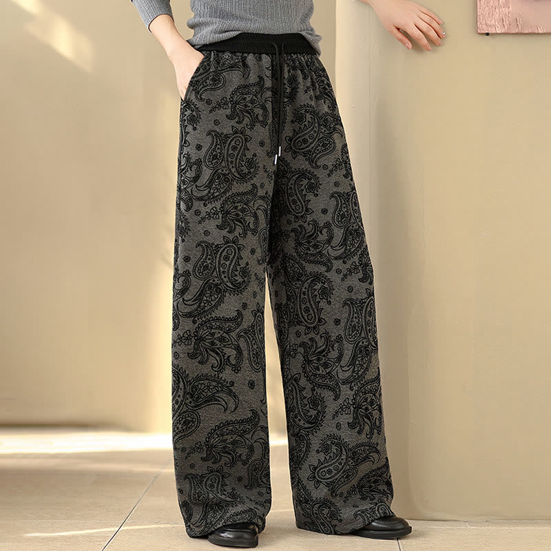 Pantalon large en coton doublé polaire thermique à motif jacquard cachemire et Buddha Stones, avec poches - image 0