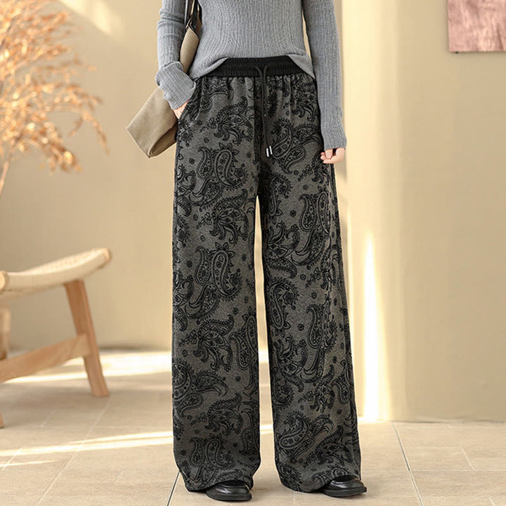 Pantalon large en coton doublé polaire thermique à motif jacquard cachemire et Buddha Stones, avec poches - image 2