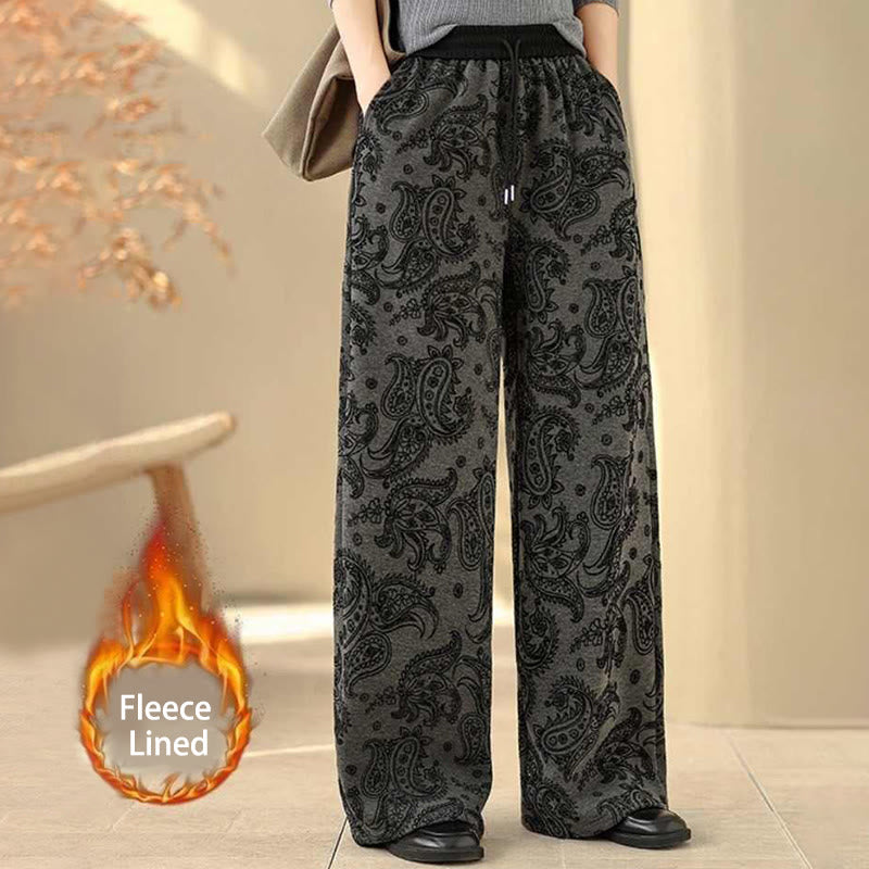 Pantalon large en coton doublé polaire thermique à motif jacquard cachemire et Buddha Stones, avec poches - Gris terne - US6，UK/AU10，EU38 (XL) - image 1