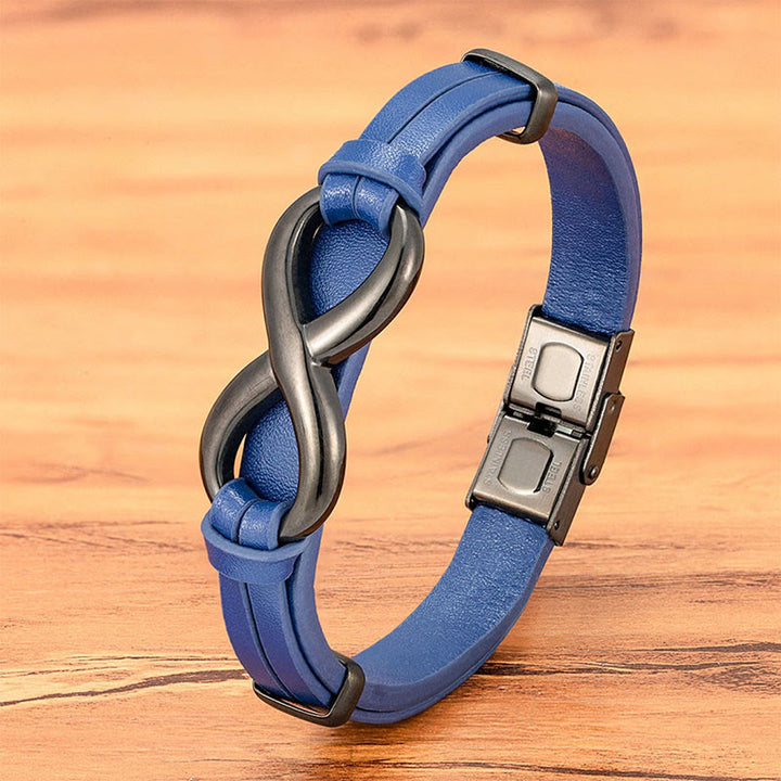 Bracelet en acier titane multicolore et cuir renforcé Buddha Stones au design infini - Cuir bleu boucle noire - 20-22 cm - image 11