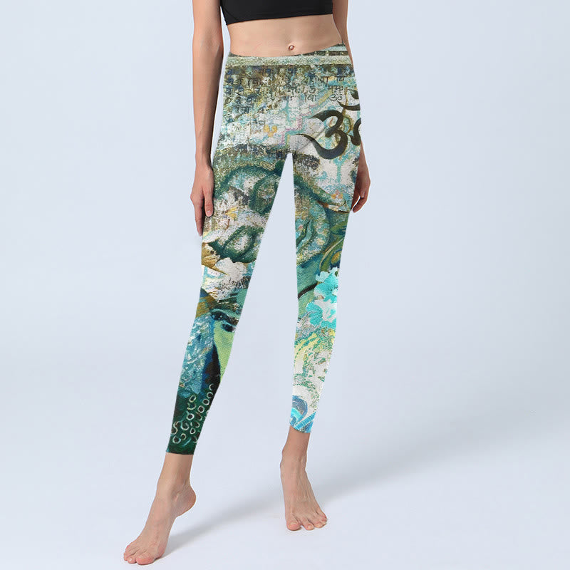 Leggings de yoga pour femmes avec imprimé Buddha Stones, symbole Om, silhouette humaine, paon et lotus. - image 5