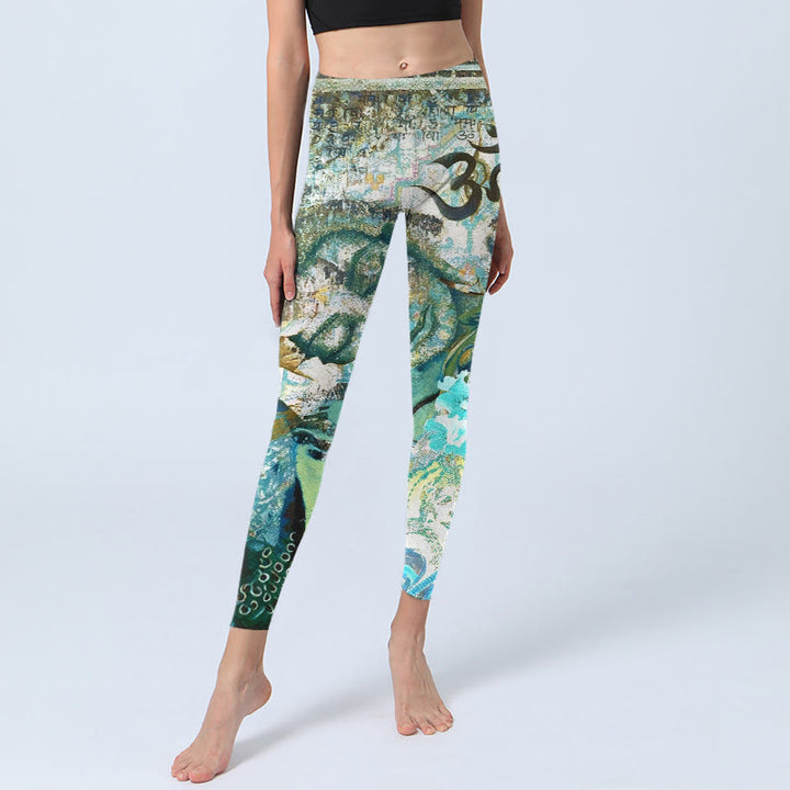 Leggings de yoga pour femmes avec imprimé Buddha Stones, symbole Om, silhouette humaine, paon et lotus. - image 5