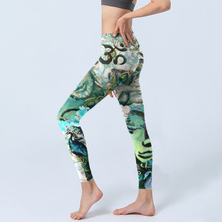 Leggings de yoga pour femmes avec imprimé Buddha Stones, symbole Om, silhouette humaine, paon et lotus. - image 2