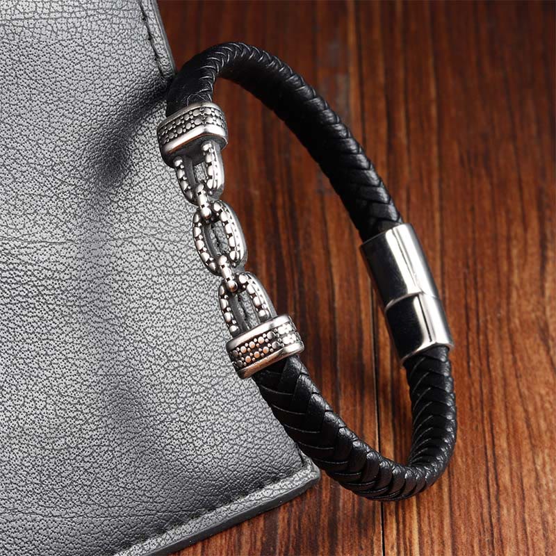 Bracelet en acier titane et cuir renforcé, fait main, avec maillons en Buddha Stones. - image 10