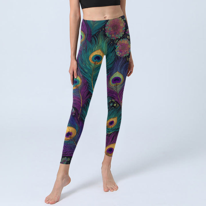 Leggings de sport pour femmes, imprimé de fleurs et de plumes de paon, avec Buddha Stones - image 5