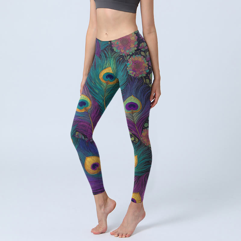 Leggings de sport pour femmes, imprimé de fleurs et de plumes de paon, avec Buddha Stones - DarkOrchid - US18，UK/AU22，EU50 (4XL) - image 0