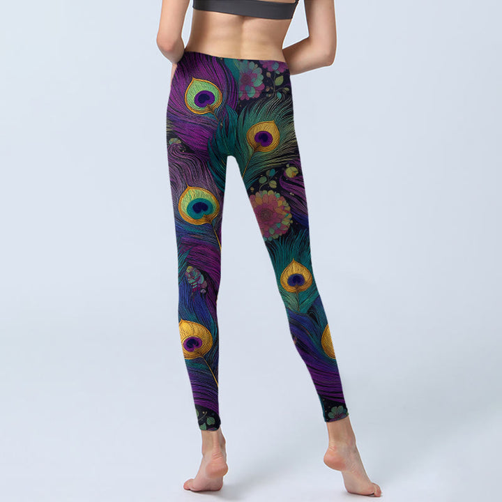Leggings de sport pour femmes, imprimé de fleurs et de plumes de paon, avec Buddha Stones - image 6