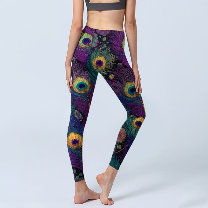 Leggings de sport pour femmes, imprimé de fleurs et de plumes de paon, avec Buddha Stones - image 3