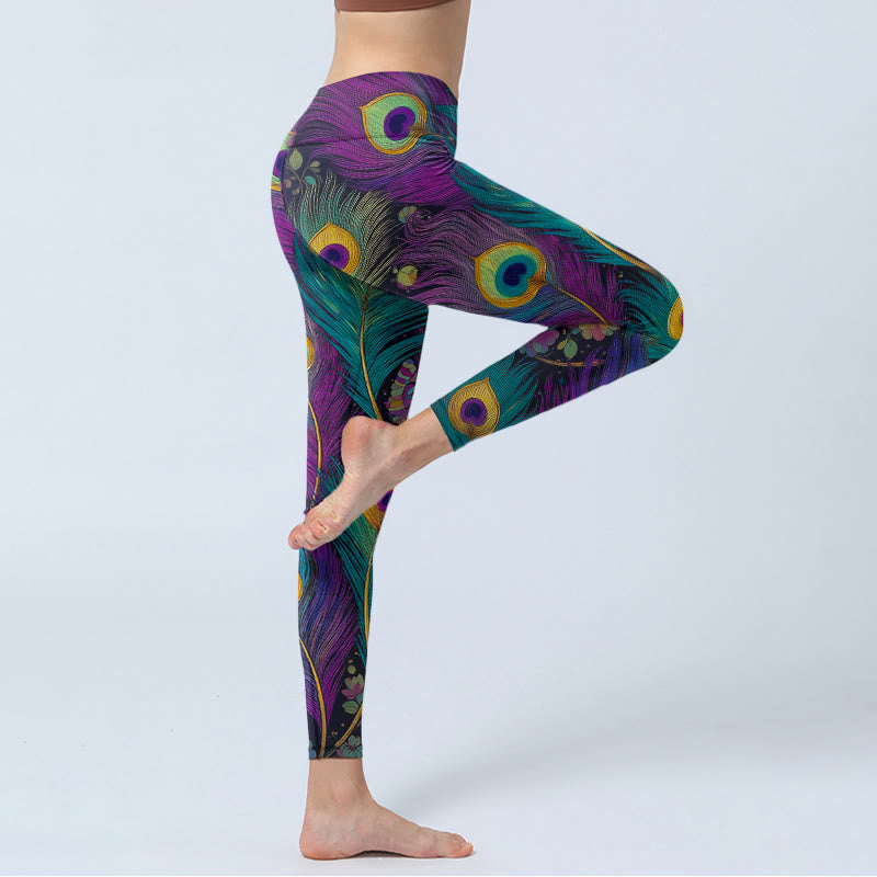 Leggings de sport pour femmes, imprimé de fleurs et de plumes de paon, avec Buddha Stones - image 4