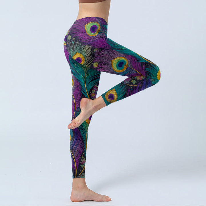 Leggings de sport pour femmes, imprimé de fleurs et de plumes de paon, avec Buddha Stones - image 4