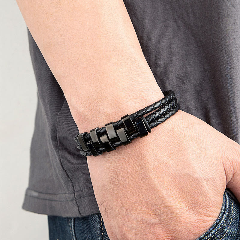 Bracelet en acier titane renforcé de cuir et Buddha Stones au design géométrique. - image 2