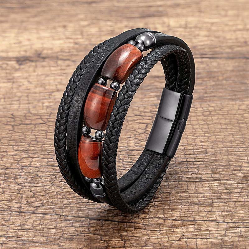 Bracelet en cuir renforcé Buddha Stones, œil de tigre naturel vert, œil de tigre rouge et œil de tigre. - Œil de tigre rouge - 18-22 cm - image 7