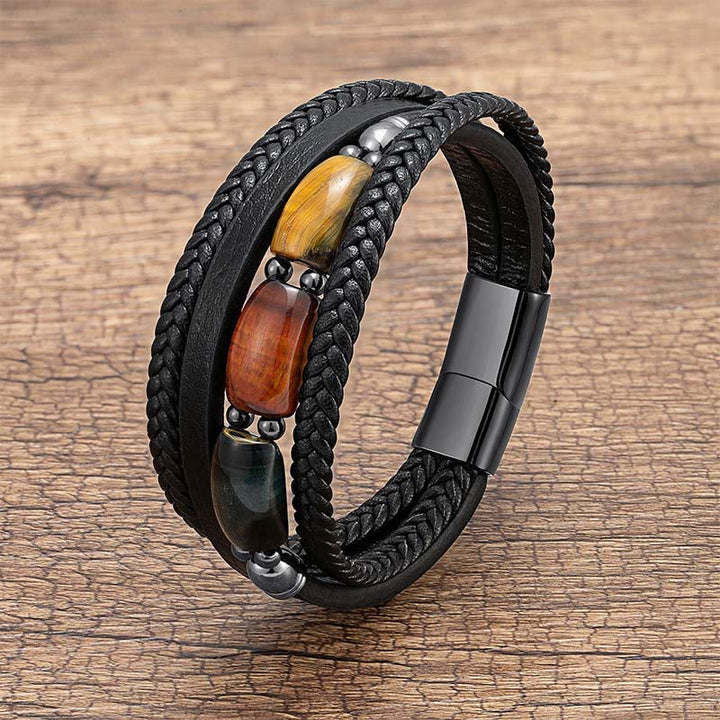 Bracelet en cuir renforcé Buddha Stones, œil de tigre naturel vert, œil de tigre rouge et œil de tigre. - Trois couleurs d'œil de tigre - 18-22 cm - image 0