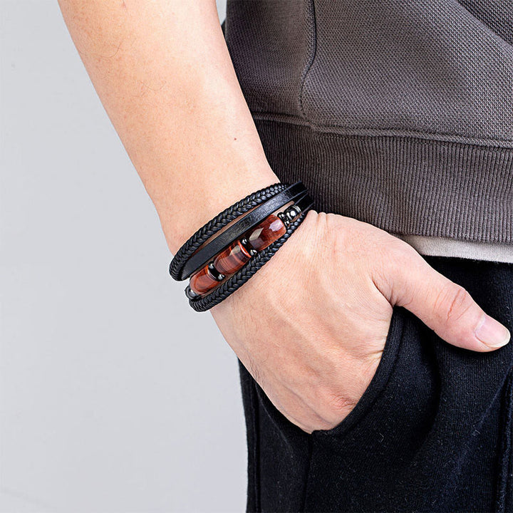 Bracelet en cuir renforcé Buddha Stones, œil de tigre naturel vert, œil de tigre rouge et œil de tigre. - image 8