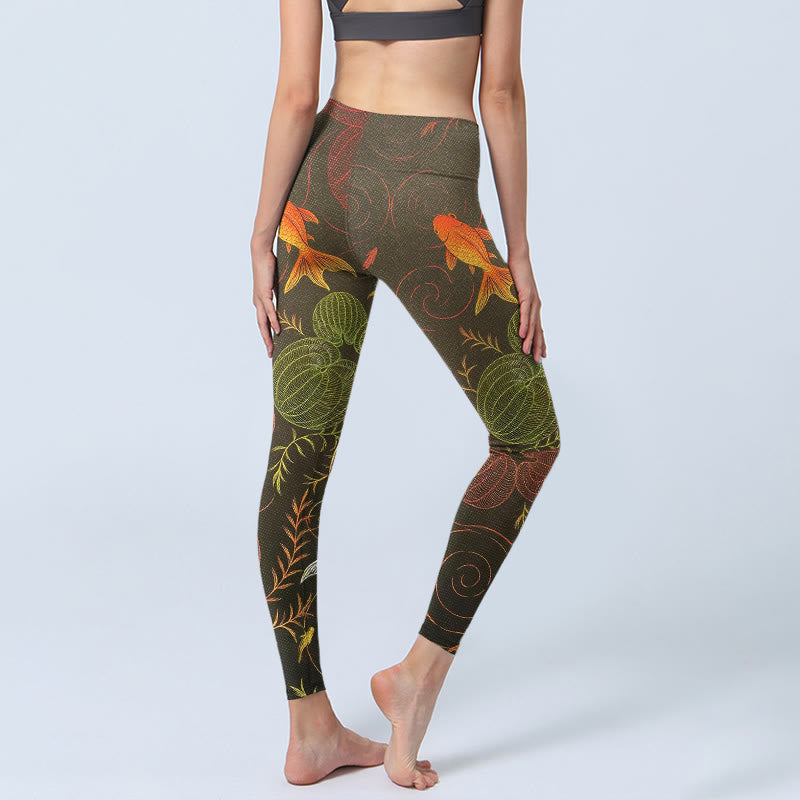 Leggings de sport pour femmes avec imprimé de Buddha Stones koï colorées, de vagues et de motifs végétaux. - image 3