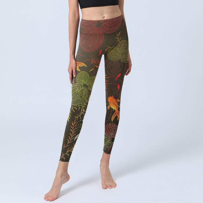 Leggings de sport pour femmes avec imprimé de Buddha Stones koï colorées, de vagues et de motifs végétaux. - image 5