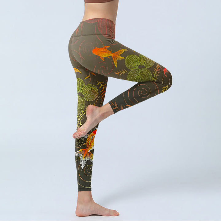 Leggings de sport pour femmes avec imprimé de Buddha Stones koï colorées, de vagues et de motifs végétaux. - image 4