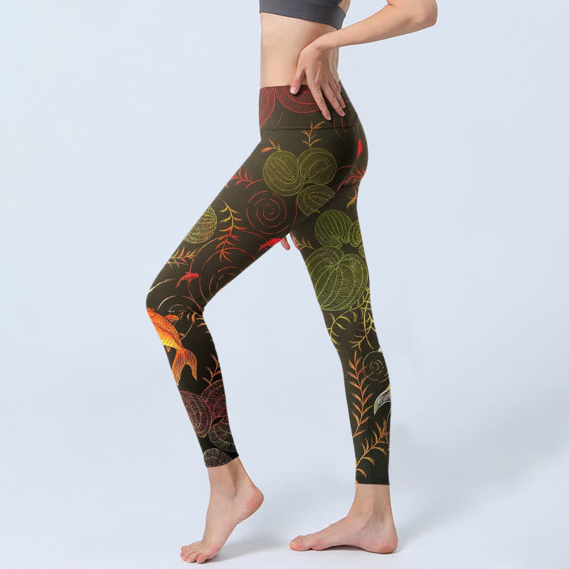 Leggings de sport pour femmes avec imprimé de Buddha Stones koï colorées, de vagues et de motifs végétaux. - image 2