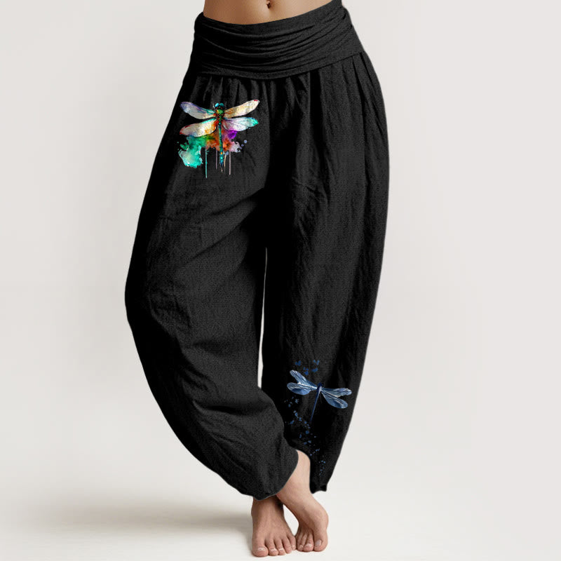 Pantalon harem femme en pur coton à motif libellule onirique et Buddha Stones, taille élastique - Noir - US16，UK/AU20，EU48 (3XL) - image 0