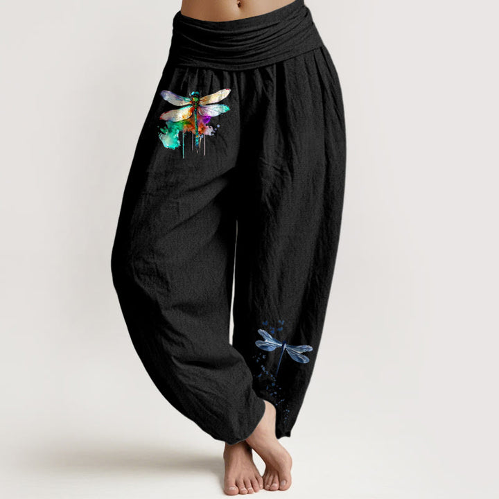 Pantalon harem femme en pur coton à motif libellule onirique et Buddha Stones, taille élastique - Noir - US16，UK/AU20，EU48 (3XL) - image 0