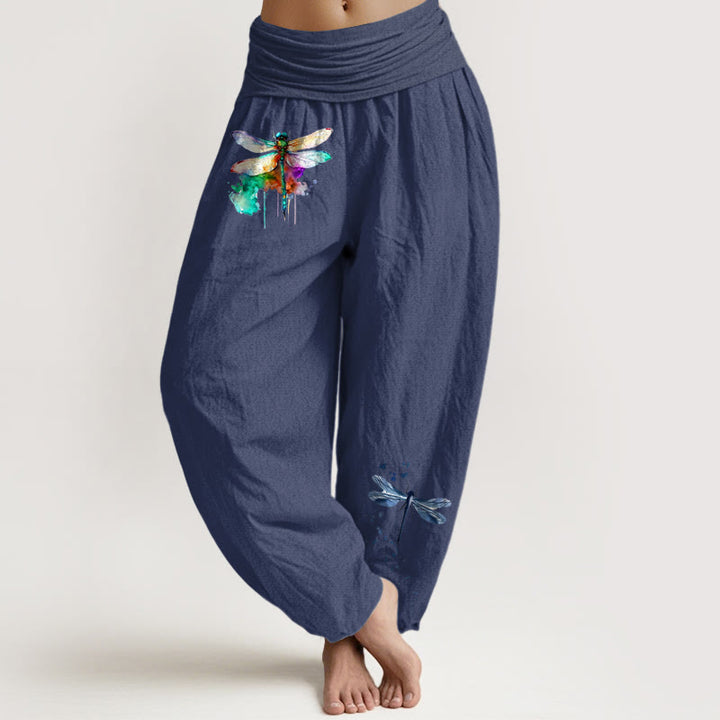 Pantalon harem femme en pur coton à motif libellule onirique et Buddha Stones, taille élastique - Bleu ardoise foncé - US16，UK/AU20，EU48 (3XL) - image 5