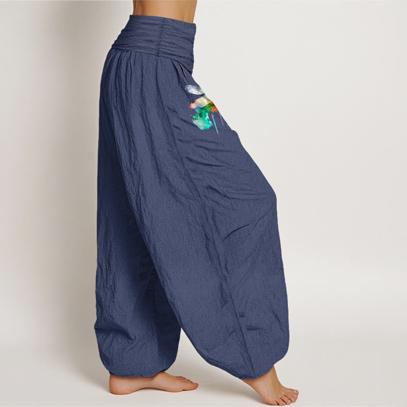 Pantalon harem femme en pur coton à motif libellule onirique et Buddha Stones, taille élastique - image 7