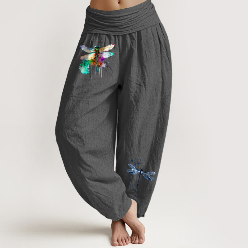 Pantalon harem femme en pur coton à motif libellule onirique et Buddha Stones, taille élastique - Gris sombre - US16，UK/AU20，EU48 (3XL) - image 8