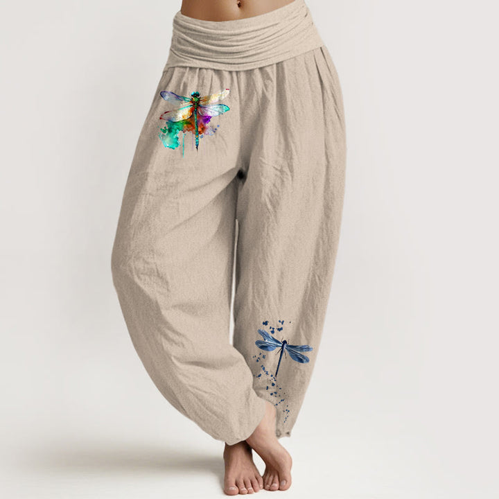 Pantalon harem femme en pur coton à motif libellule onirique et Buddha Stones, taille élastique - Tanné - US16，UK/AU20，EU48 (3XL) - image 11