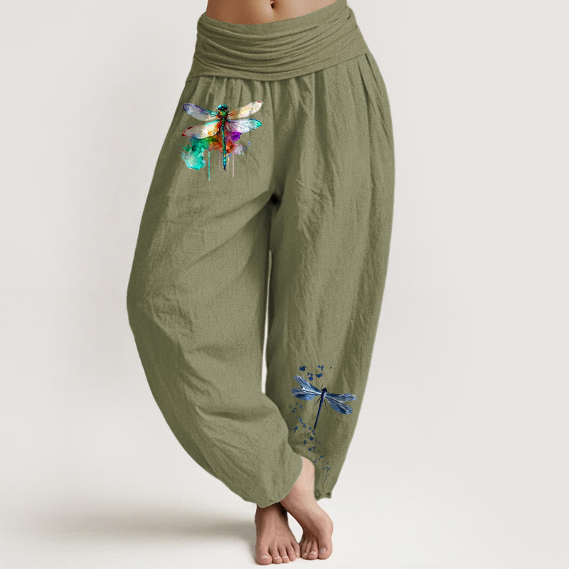 Pantalon harem femme en pur coton à motif libellule onirique et Buddha Stones, taille élastique - Vert olive - US16，UK/AU20，EU48 (3XL) - image 14