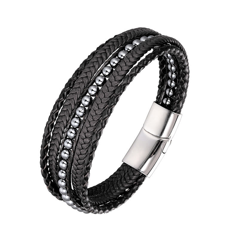 Bracelet en cuir renforcé avec Buddha Stones, hématite, agate indienne, œil de tigre et amazonite. - Boucle en argent hématite - 18-22 cm - image 10