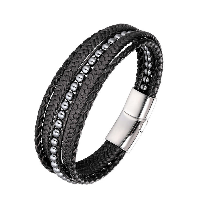 Bracelet en cuir renforcé avec Buddha Stones, hématite, agate indienne, œil de tigre et amazonite. - Boucle en argent hématite - 18-22 cm - image 10