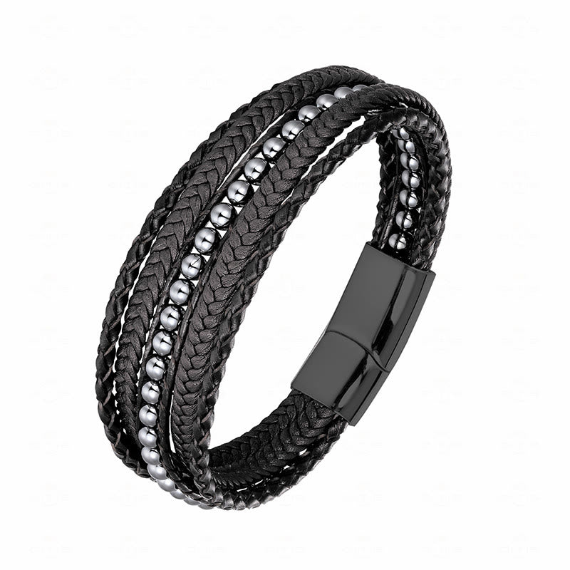 Bracelet en cuir renforcé avec Buddha Stones, hématite, agate indienne, œil de tigre et amazonite. - Boucle noire en hématite - 18-22 cm - image 0