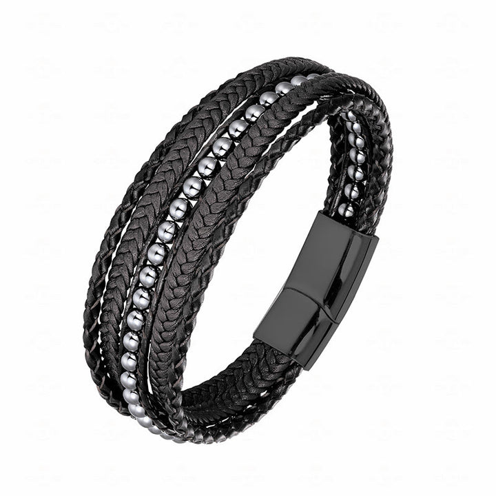 Bracelet en cuir renforcé avec Buddha Stones, hématite, agate indienne, œil de tigre et amazonite. - Boucle noire en hématite - 18-22 cm - image 0