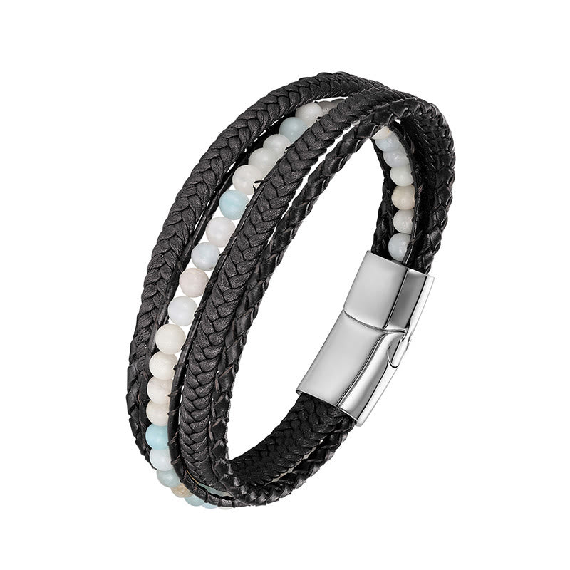 Bracelet en cuir renforcé avec Buddha Stones, hématite, agate indienne, œil de tigre et amazonite. - Boucle en argent amazonite - 18-22 cm - image 8