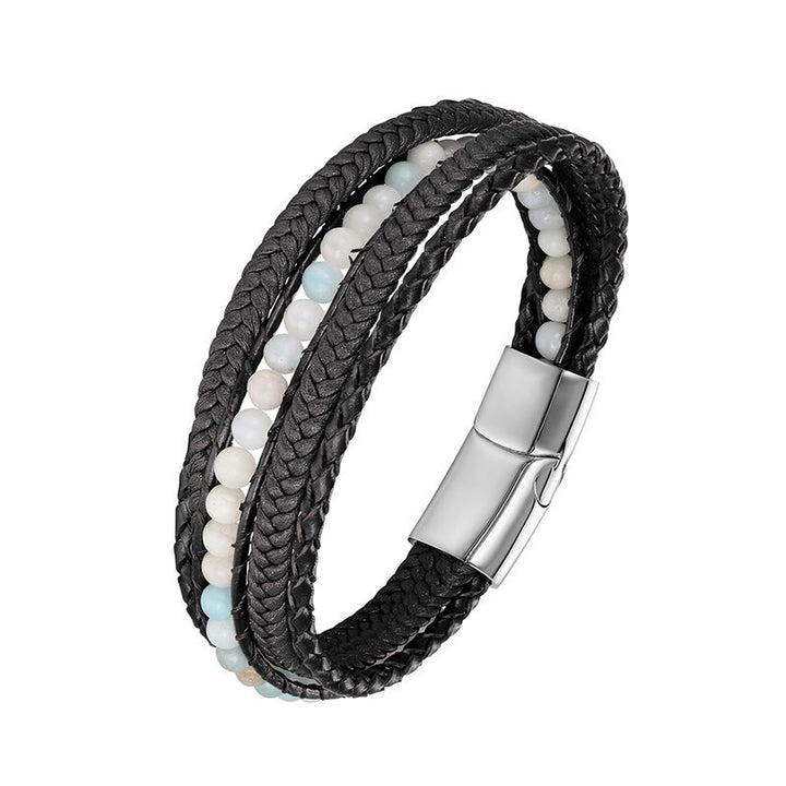 Bracelet en cuir renforcé avec Buddha Stones, hématite, agate indienne, œil de tigre et amazonite. - Boucle en argent amazonite - 18-22 cm - image 8