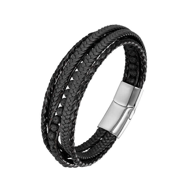 Bracelet en cuir renforcé avec Buddha Stones, hématite, agate indienne, œil de tigre et amazonite. - Boucle de ceinture en argent et pierre de lave - 18-22 cm - image 15