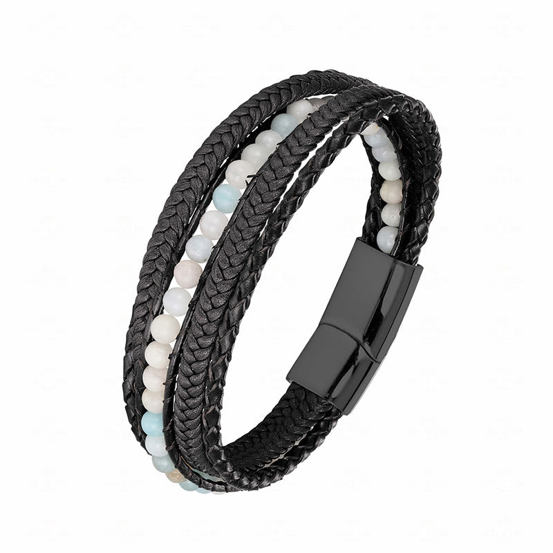 Bracelet en cuir renforcé avec Buddha Stones, hématite, agate indienne, œil de tigre et amazonite. - Boucle noire en amazonite - 18-22 cm - image 25