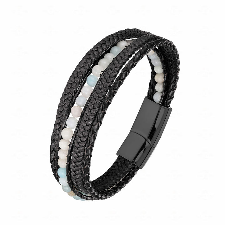 Bracelet en cuir renforcé avec Buddha Stones, hématite, agate indienne, œil de tigre et amazonite. - Boucle noire en amazonite - 18-22 cm - image 25