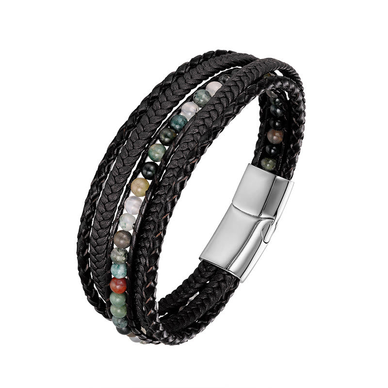 Bracelet en cuir renforcé avec Buddha Stones, hématite, agate indienne, œil de tigre et amazonite. - Boucle en argent et agate indienne - 18-22 cm - image 3