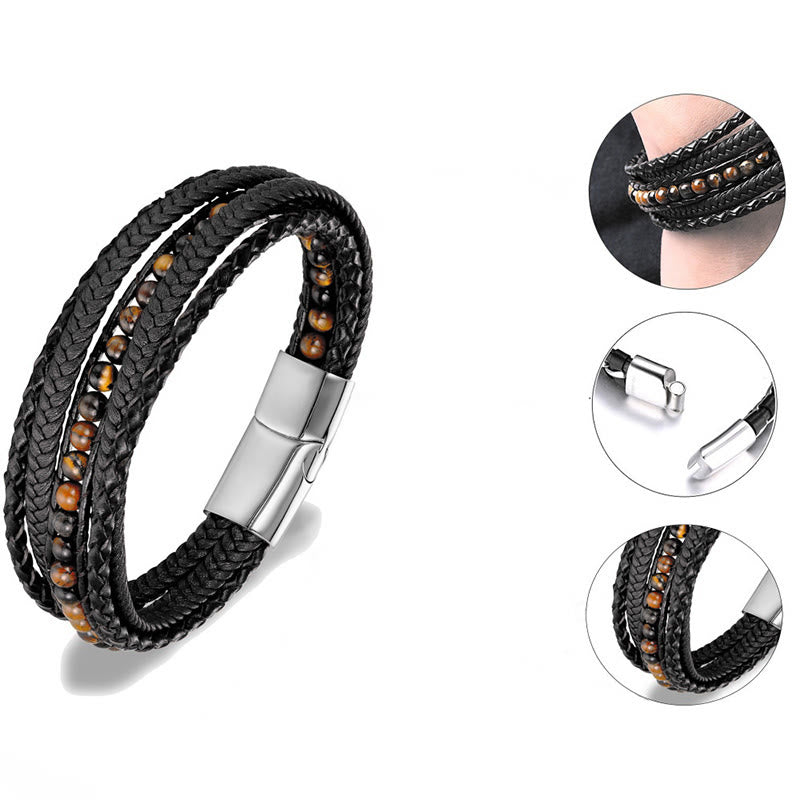 Bracelet en cuir renforcé avec Buddha Stones, hématite, agate indienne, œil de tigre et amazonite. - image 6