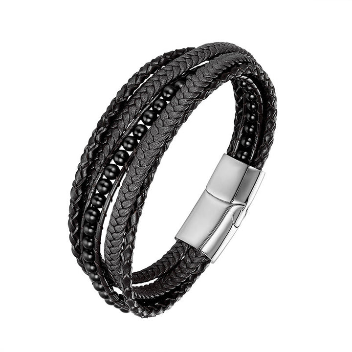 Bracelet en cuir renforcé avec Buddha Stones, hématite, agate indienne, œil de tigre et amazonite. - Boucle en onyx noir et argent - 18-22 cm - image 17