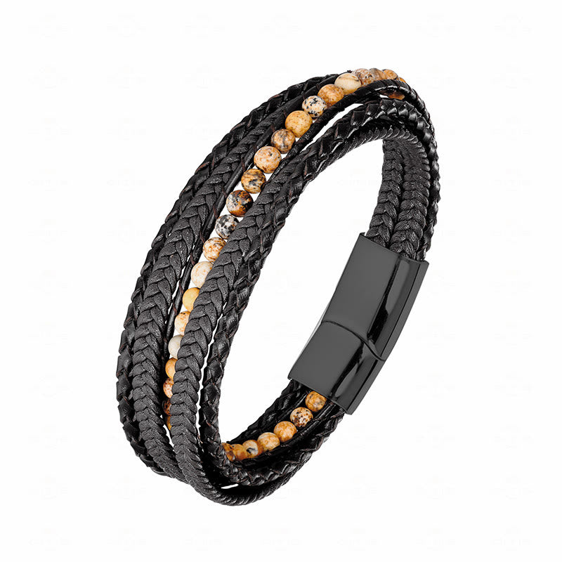 Bracelet en cuir renforcé avec Buddha Stones, hématite, agate indienne, œil de tigre et amazonite. - Boucle noire en jaspe paysage - 18-22 cm - image 19