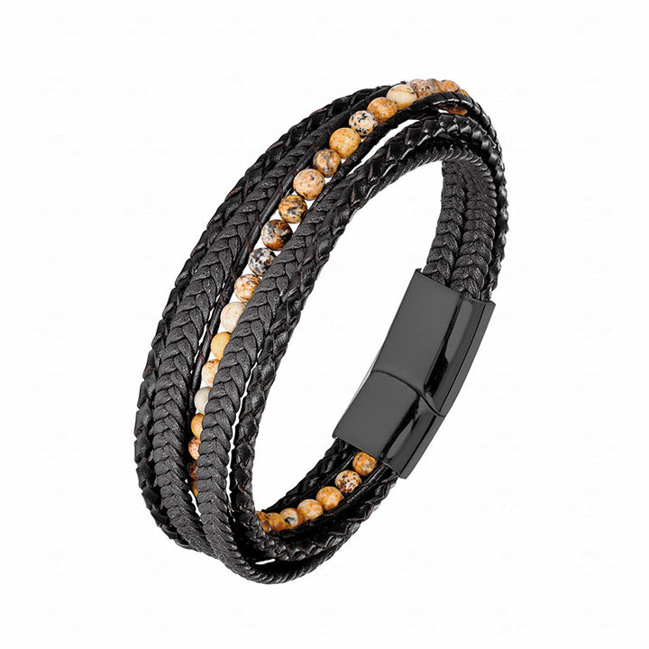 Bracelet en cuir renforcé avec Buddha Stones, hématite, agate indienne, œil de tigre et amazonite. - Boucle noire en jaspe paysage - 18-22 cm - image 19