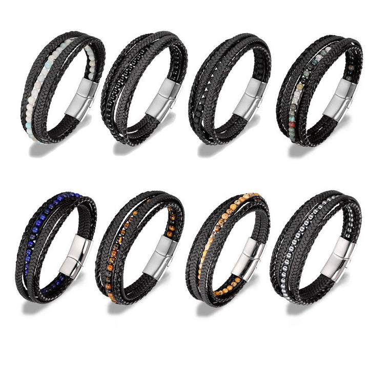 Bracelet en cuir renforcé avec Buddha Stones, hématite, agate indienne, œil de tigre et amazonite. - image 26